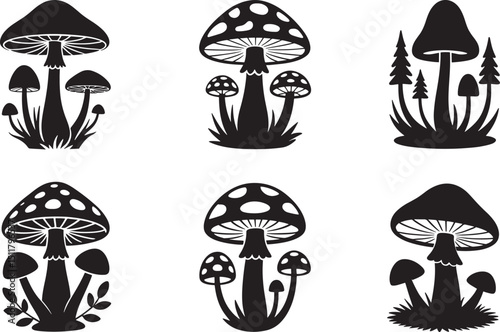 Silhouette Illustration of Mushroom Groupings on Black Background Vector Art for Nature Designs and Botanical Projects