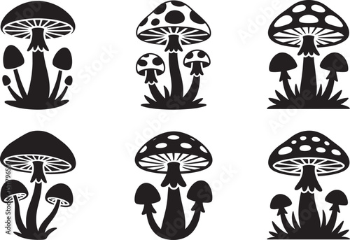 Silhouette Illustration of Mushroom Groupings on Black Background Vector Art for Nature Designs and Botanical Projects