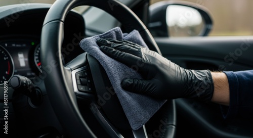 Person cleaning car steering wheel with cloth while wearing gloves  