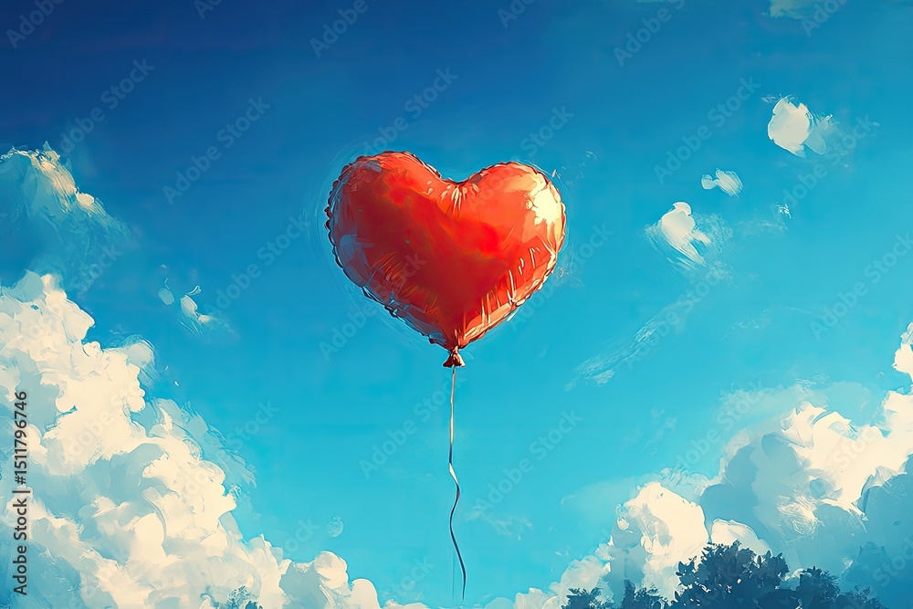 Fototapeta premium A heart-shaped balloon with a string, set against a bright blue sky, ideal for love messages