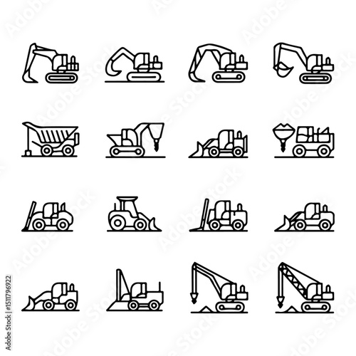 High Quality Construction Vehicle Line Icon Set

