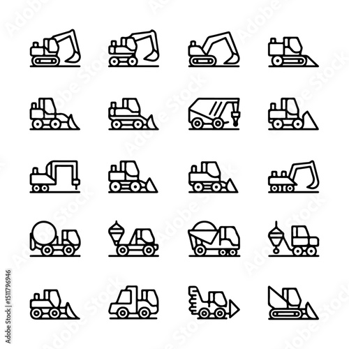 High Quality Construction Vehicle Line Icon Set

