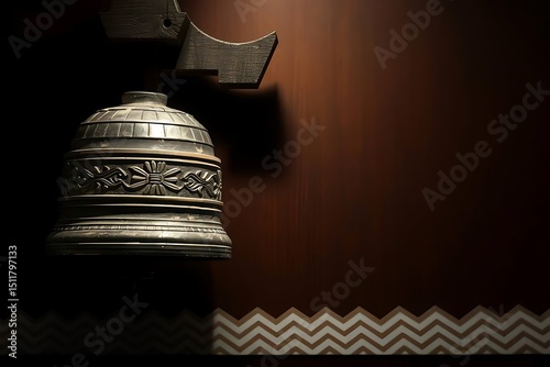 Shinto shrine bells and white zigzag paper strips as spiritual religious backdrop