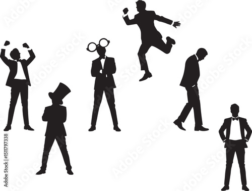 Silhouette Style Group of Men in Suits Expressing Various Emotions on a Plain Black Background for Creative Design Projects