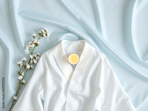 Catholic white lace cloth and baptism candle with white robe decor and spa meditation setting