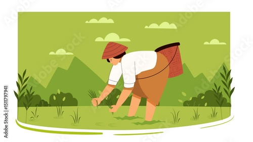 Farmer Bending to Harvest Crops in Agriculture Animation