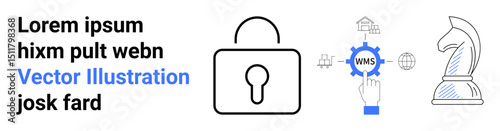 Lock symbol for security, finger interacting with warehouse management system, and chess knight for strategy. Ideal for data security, automation, logistics, business planning, system design