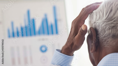 Concerned senior man touching forehead with medical chart, symbolizing health checkup and stroke risk awareness, elderly healthcare and medical examination concept.