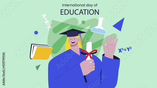 Graduate Celebrating Degree With Animated Papers Flying