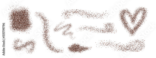 Coffee powder in different shapes. Granule scatter and dust particle textures isolated on white background. Vector illustration of roasted arabica grains