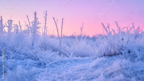 Beautiful winter landscape of a snowy field with frost-covered trees under a cold blue sky