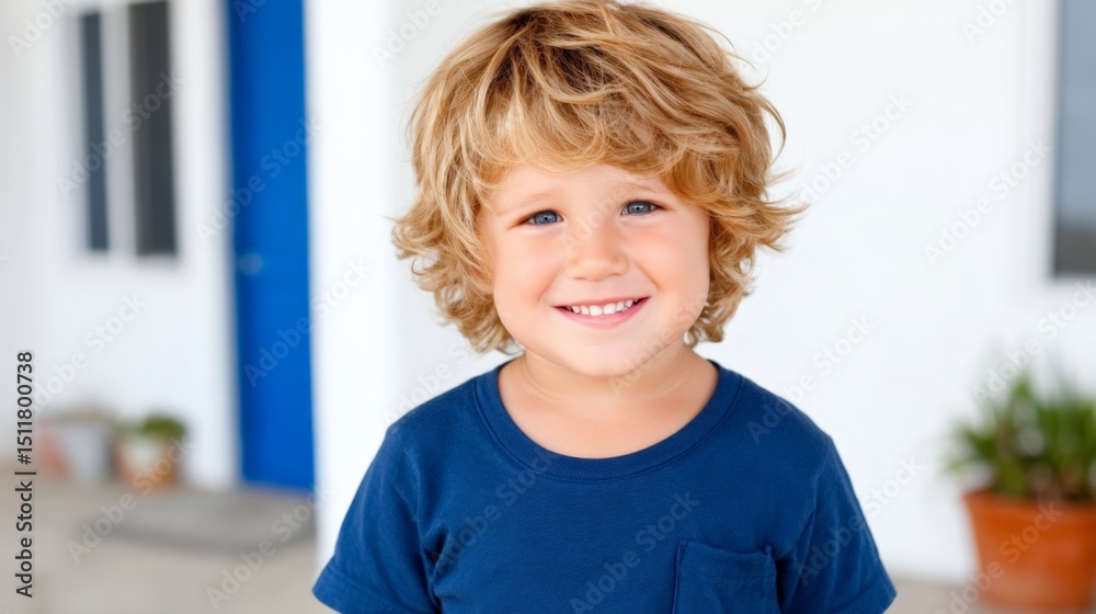 Happy young boy with curly blonde hair smiling in a bright indoor setting Happy young boy with curly blonde hair smiling in a bright indoor setting