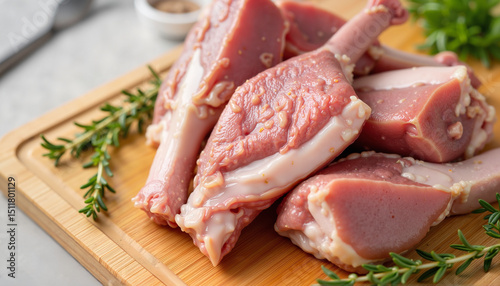 Fresh raw meat cuts displayed on wooden cutting board with herbs. Home cooking concept in simple style.   photo