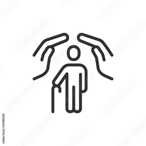 Hands over elderly person, linear icon. Senior care, social insurance, or aging protection. Line with editable stroke.