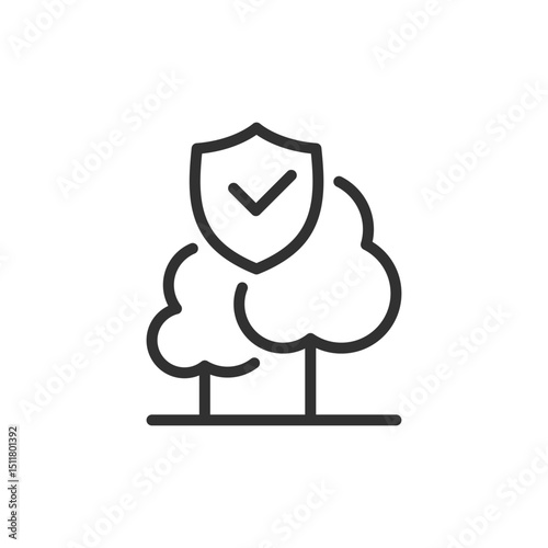 Trees with shield, linear icon. Environmental protection or nature insurance. Line with editable stroke.