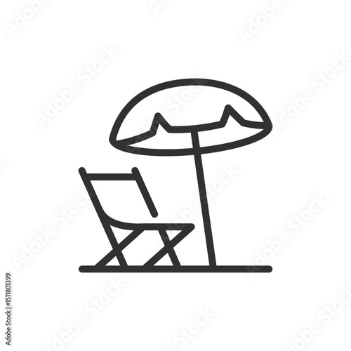 Beach umbrella and lounge chair, linear icon. Seaside relaxation, summer vacation, or resort rest. Line with editable stroke.