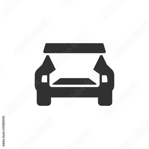 Car with open trunk, solid icon. Rear hatch access for loading or unloading.