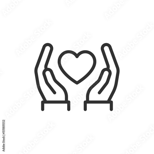 Heart in hands, linear icon. Love, charity, and emotional support. Line with editable stroke.