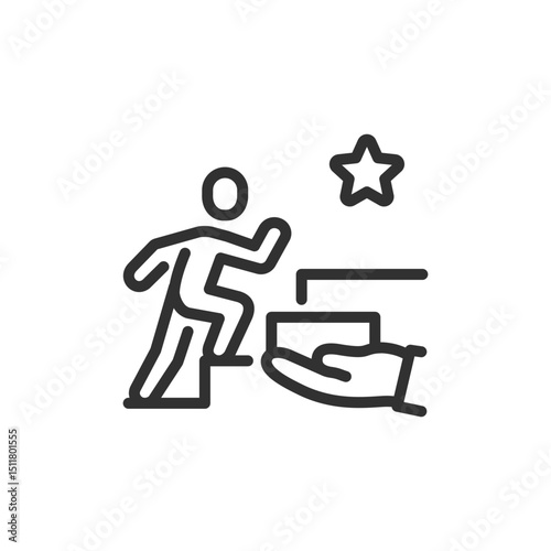 Person stepping on helping hand, linear icon. Support in achieving goals and success. Line with editable stroke.