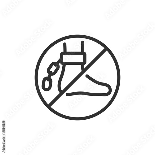 Foot in shackle with prohibition sign, linear icon. Ban on slavery and forced labor. Line with editable stroke.