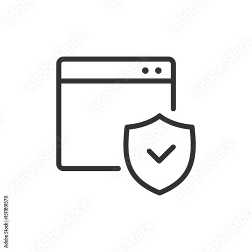 Browser window with shield, linear icon. Web security and trusted browsing. Line with editable stroke.