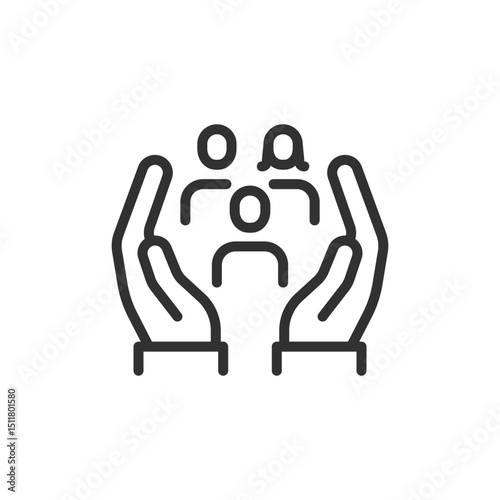 People held by hands, linear icon. Community care and social support. Line with editable stroke.