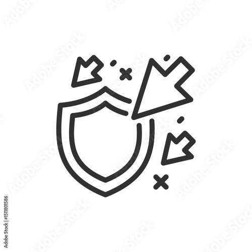 Shield with arrows, linear icon. Defense, protection, ddos, and system resilience. Line with editable stroke.