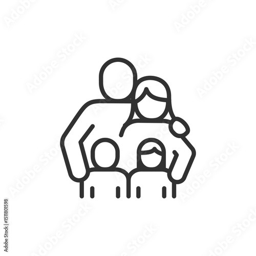 Family of four, linear icon. Domestic unity or parenting. Line with editable stroke.