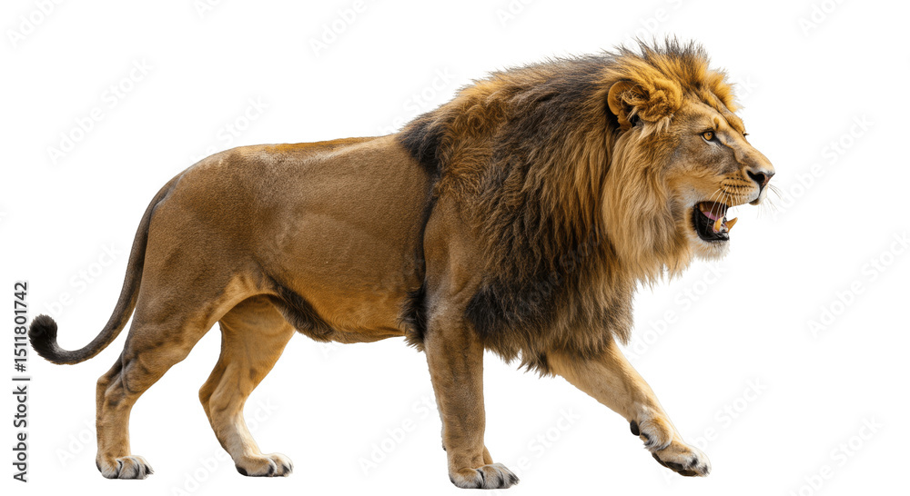 Obraz premium Roaring Adult Male Lion Walking on Transparent PNG Background, lion, male lion, adult lion, roaring, walking, feline, big cat