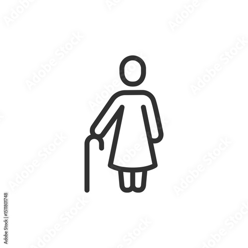 Elderly man with cane, linear icon. Symbol of senior care, old age, retirement, and support. Editable stroke.