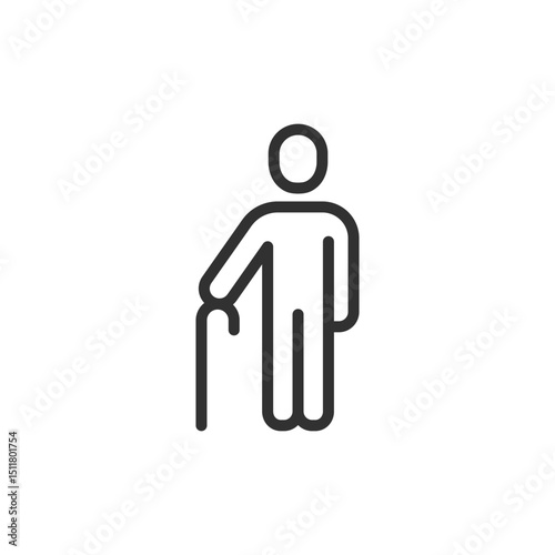 Elderly man with cane, linear icon. Symbol of senior care, old age, retirement, and support. Editable stroke.