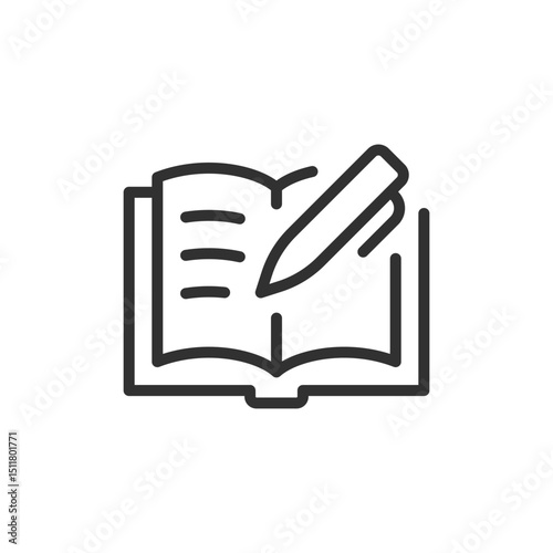 Open book and pen linear icon. writing, learning, or note-taking. Editable stroke.