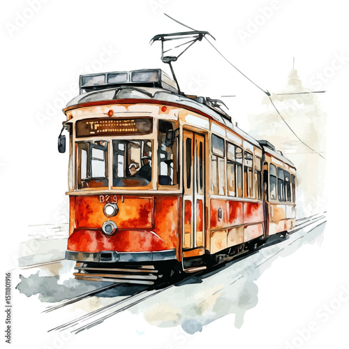 Tram, watercolor vector, high quality, isolated on a white background.