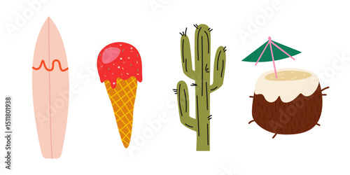 Cartoon summer stickers in retro 90s style. Bright groovy summer beach season elements. Vector patches, labels, stamps. Surfboard, ice cream, cactus, coconut cocktail