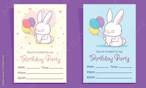 Set of birthday invitations with bunny and balloons. You can put your own text. Children's vector illustration