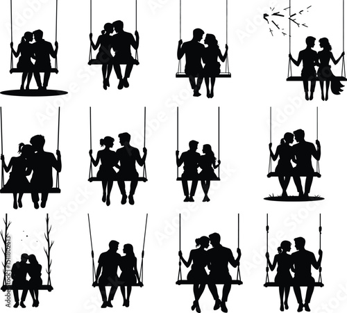 Couple on Swing Silhouette Set – Romantic Love Vector Bundle Swinging Couple Silhouettes – Love, Relax & Romance Scene Clipart