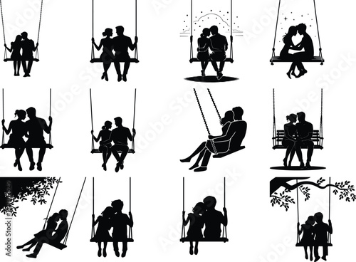 Couple on Swing Silhouette Set – Romantic Love Vector Bundle Swinging Couple Silhouettes – Love, Relax & Romance Scene Clipart