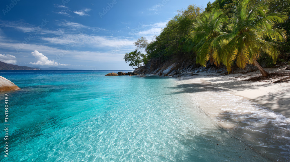 Fototapeta premium Calm close-up of calm sea water waves with palm trees. Beautiful panorama, tropical island beach landscape exotic shore coast. Summer vacation, holiday amazing nature. Sea background