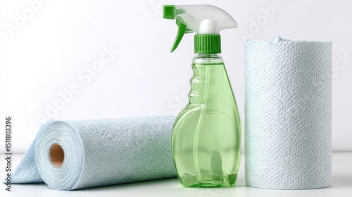 Green spray bottle and blue paper towel on white, clean product photo with studio lighting
