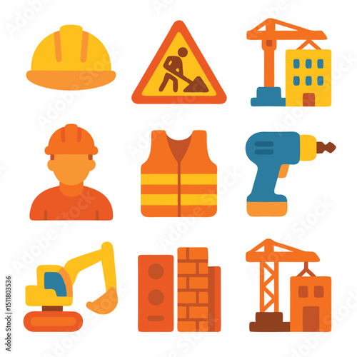 Construction and Industrial Icon Set Vector Pack of Tools, Machinery, and Safety Symbols