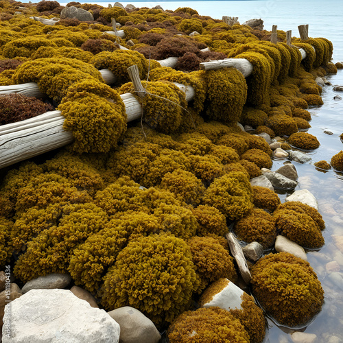 Seaside with wooden construction covered with fucus (rockweed) algae