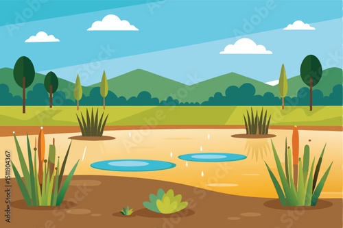 Serene pond landscape illustration transparent background