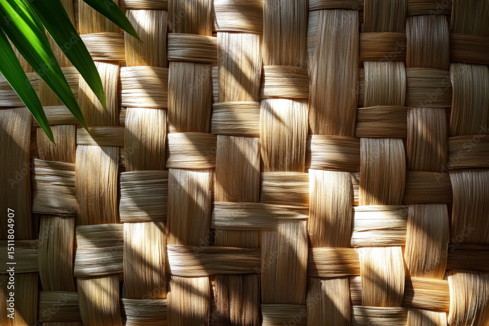 Obraz premium Close-up of bamboo wall adorned with a plant.