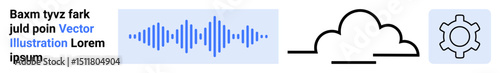 Blue audio waveform, cloud outline, and gear icon. Ideal for technology, sound systems, cloud services, automation, engineering, data transfer simple landing page