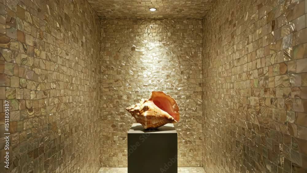 Conch shell on display in elegant tiled room, shiny and luxury.