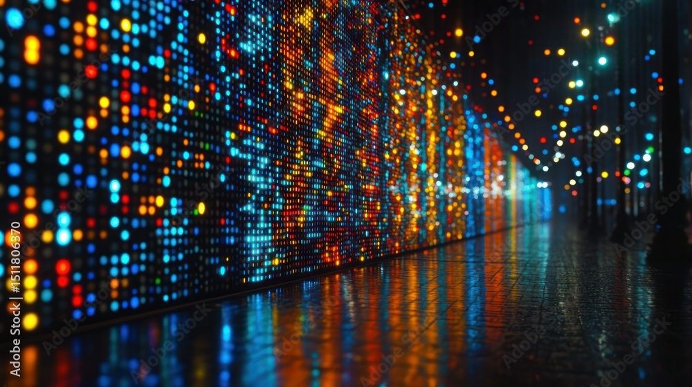 Obraz premium Night city wall with vibrant lights reflecting