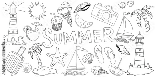 Doodle art showcases classic summer adventure. Fun summer, holiday travel. Perfect summer vibes
