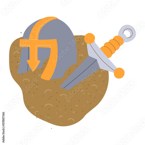 military helmet and a blade half-buried in the sand. An archaeological find. relic museum. It is suitable for books, articles, posters and presentations on topics of archeology, history, excavations