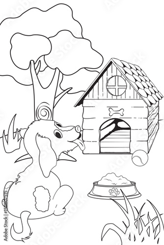 Vector cartoon dog illustration for coloring, featuring a happy pup, next to a doghouse with a ball and food bowl under a tree. Antistress coloring page for dog lovers.