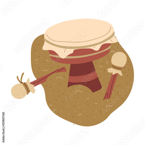 Vintage drums are made of genuine leather on the sand. An archaeological find. Historical value. for design of books, articles, posters on the topics of archeology, the history of past, excavations